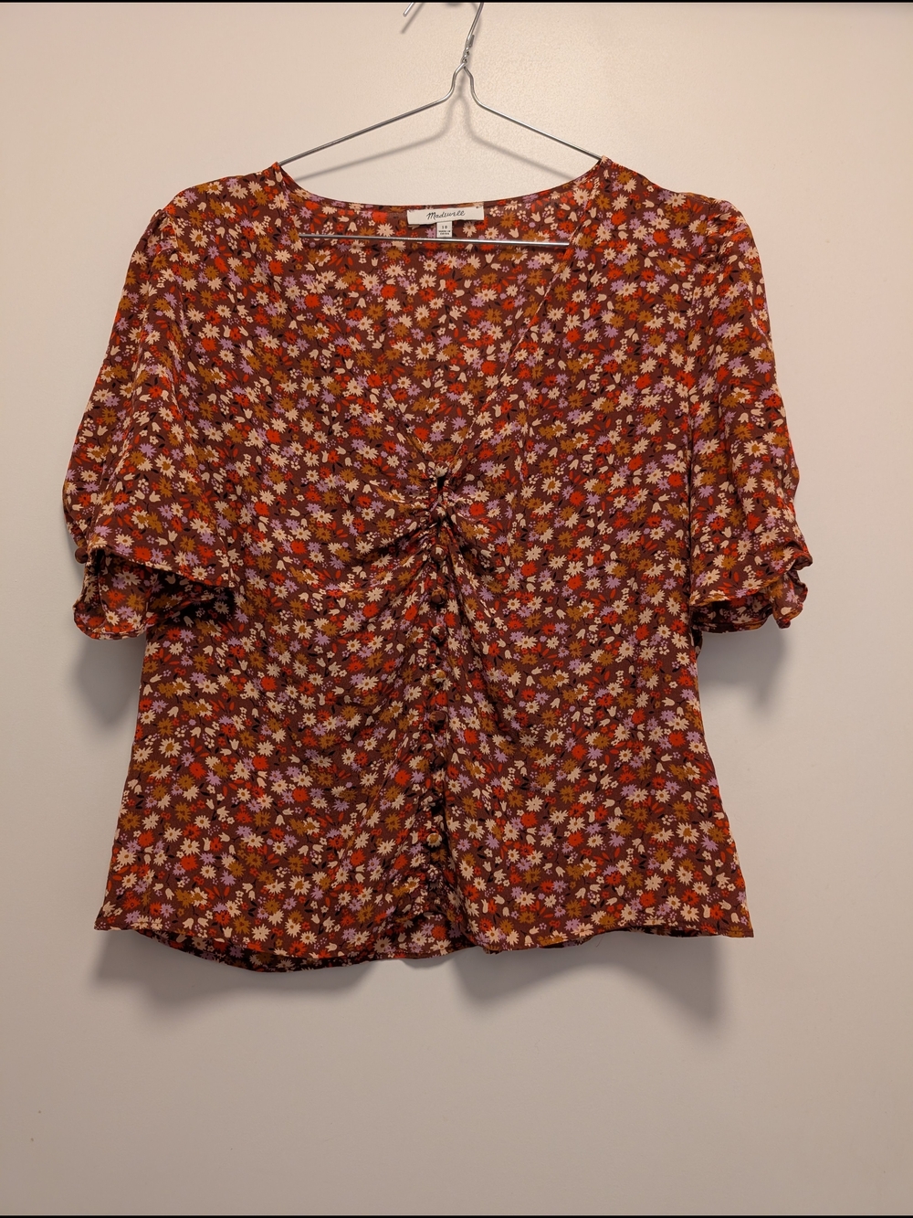 Madewell Rust Floral Ruched Short Sleeve Blouse